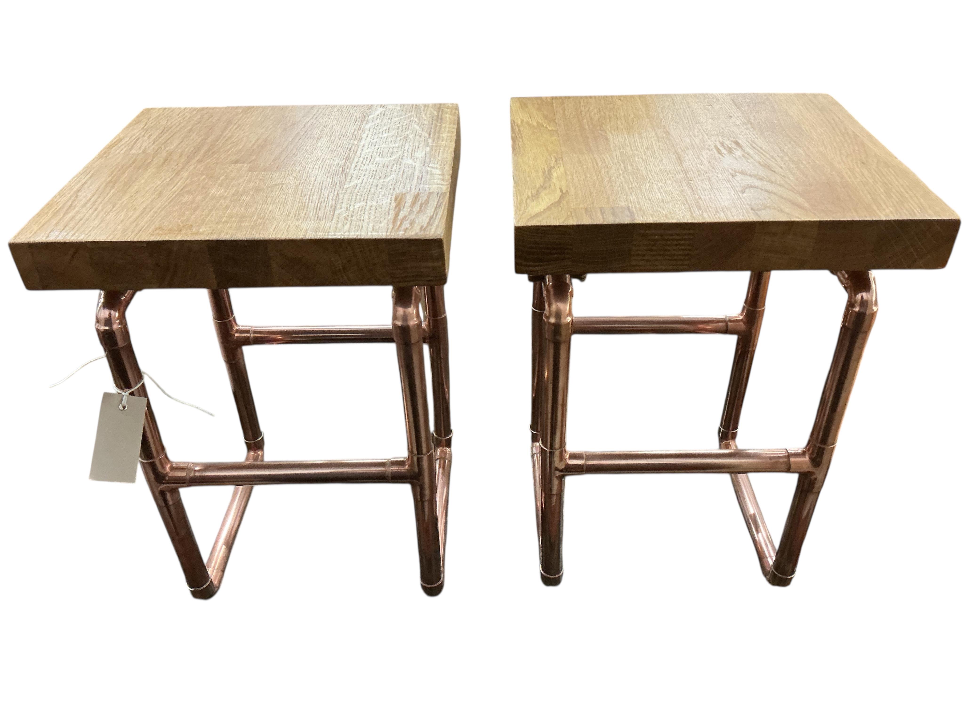 A pair of contemporary Industrial style oak and tubular copper occasional tables, width 38cm, depth 28cm, height 44cm